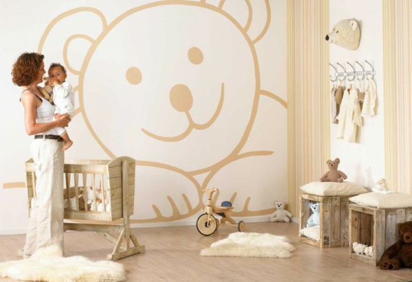 tapete-babyzimmer-originelle-gestaltung- teddybär bemalung an der wand