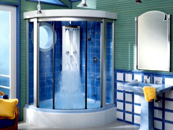dampfduschkabine-ultramodern-- interessante fliesen und ein runder spiegel direkt in der duschkabine