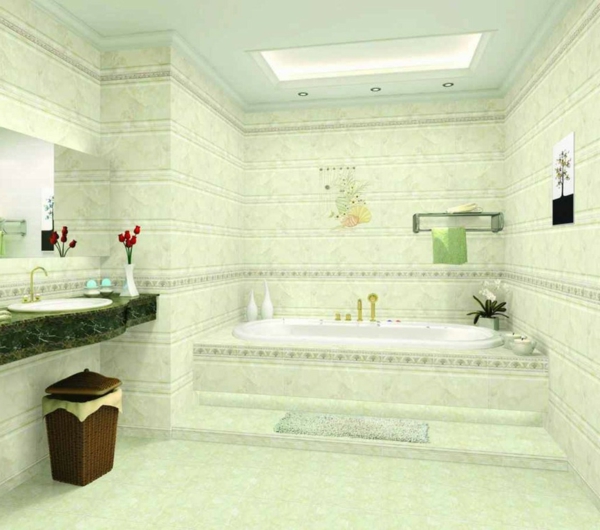 ultramoderne-badewanne-vekleiden-hohe decke und rote blumen als dekoration