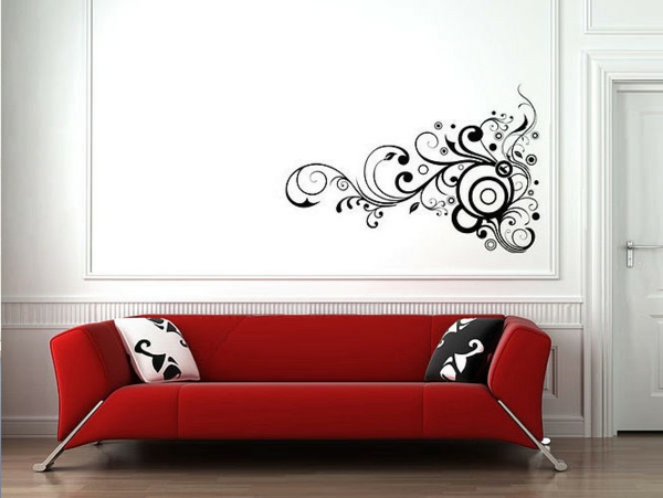 faszinierendes-Design-moderne-und-coole- Wandgestaltung-rotes-Sofa