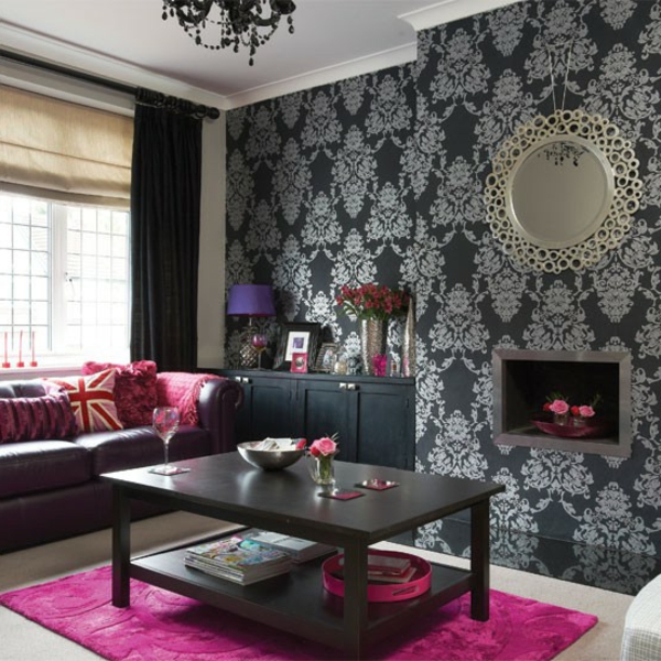 tapeten-farben-ideen-rosiger-teppich-und-schwarze-wände