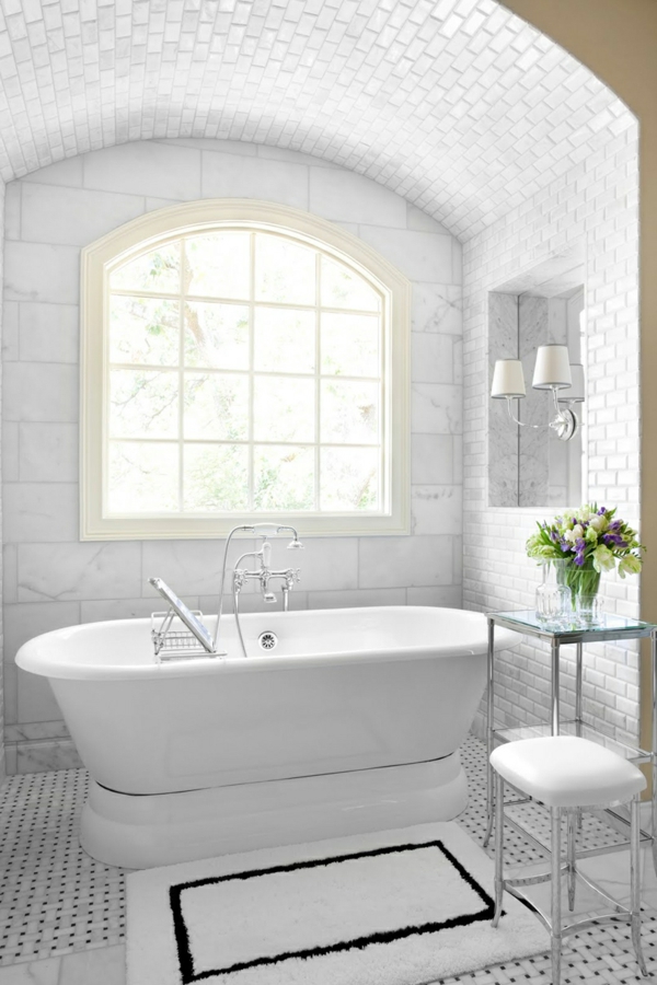 best-small-bathroom-designs-with-white-freestanding-bath-tub-combined-stainless-faucet-also-high-iron-side-table-organizer-storage-and-plaid-bay-windows-featuring-white-framed-small-rugs-in-polka-dot-resized