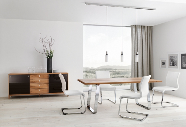 Modern-dining-table-Chrome-white-chairs-track-lighting