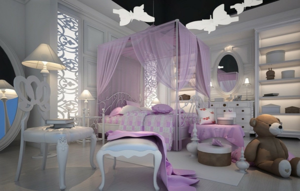 bett mit lila gardinen im herrlichen schlafzimmer