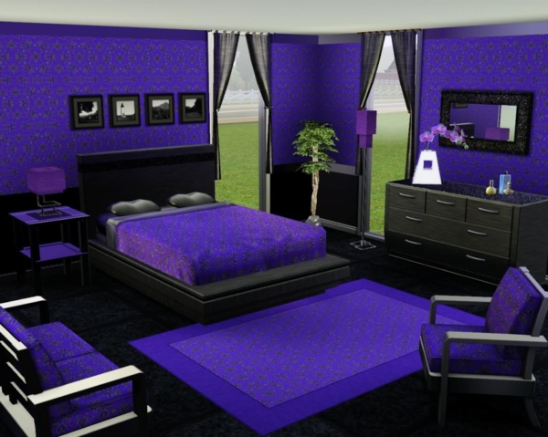  schlafzimmer mit einem lila teppich und mit lila wänden