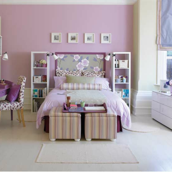 elegantes lila bett im gemütlichen schlafzimmer für mädchen