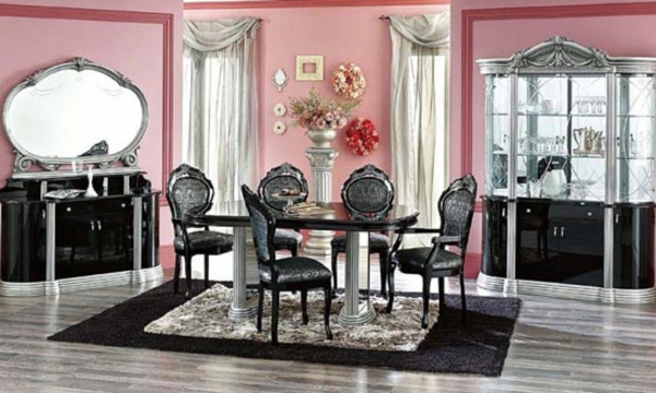 esszimmerset - rosige wände und schwarze möbel