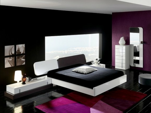 coole-schlafzimmer-deko-dunkles-bett-moderner-teppich