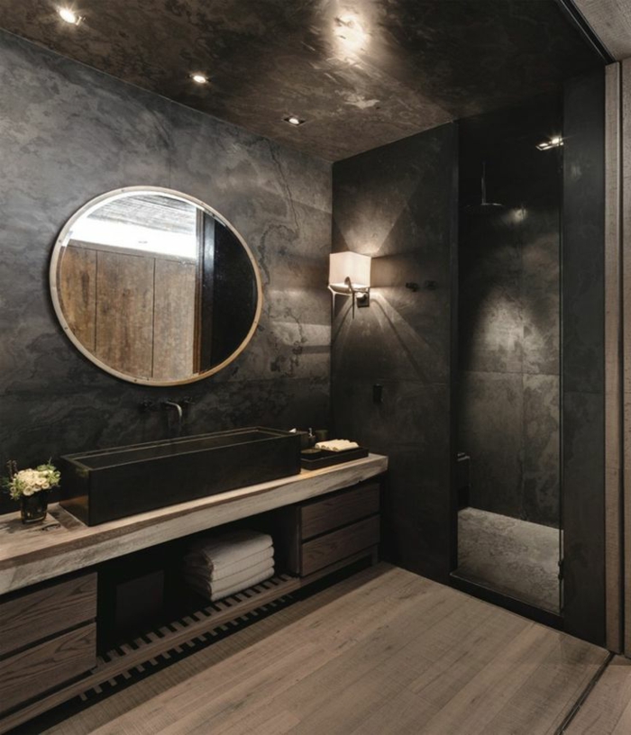 modernes designer badezimmer in schwarz  runder spiegel