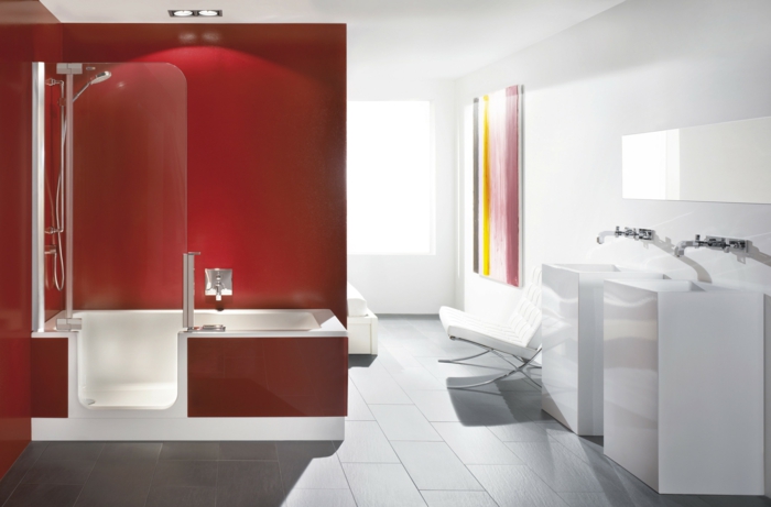 impressing-bathroom-with-white-walls-white-washing-stands-mirror-white-seat-there-is-also-an-amazing-tub-shower-with-glass-door-red-walls-and-modern-shower-faucet-set