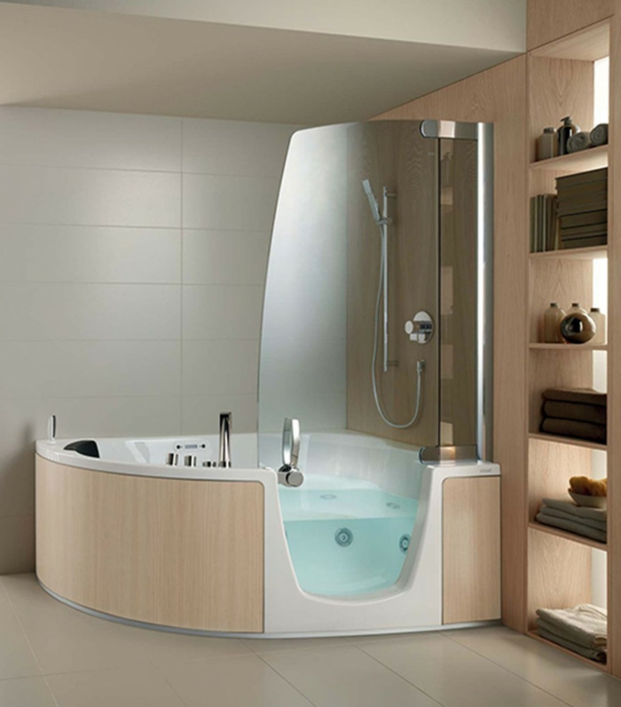 modern bathroom with corner tub shower combo with glass door and nook bathtub with stainless tool 915x1041