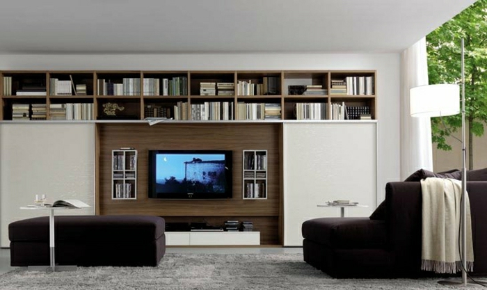 -wandpaneele-holz-wohnzimmer-gestalten-wohnzimmer-einrichten-wandpaneele-tv-wand-fernsehwand TV Wandpaneel