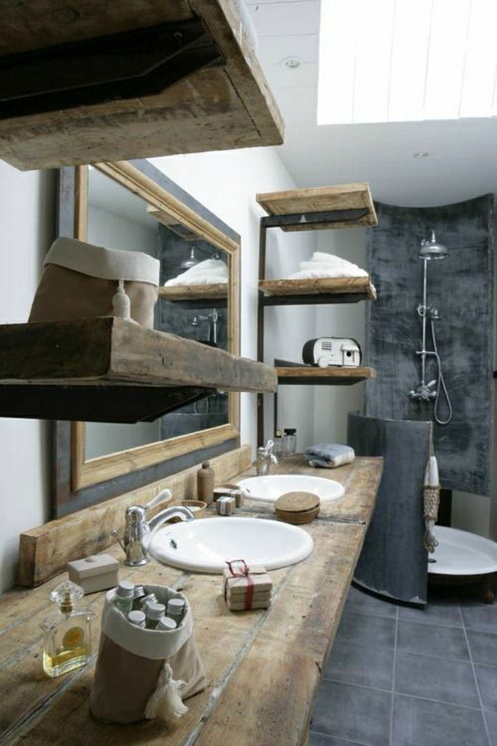 Badezimmer-rustikale-Möbel-Regale-Waschbecken-Holz-Dusche