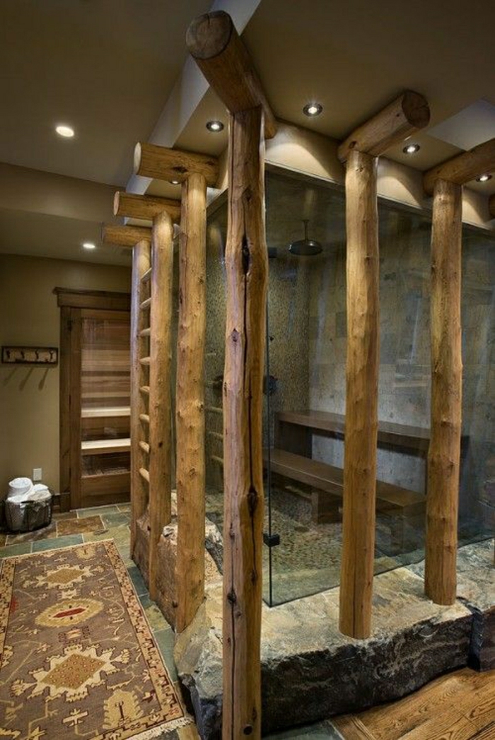 Badezimmer-rustikaler-Stil-Duschabtrennung-Holz-Glas-Stein-Teppich