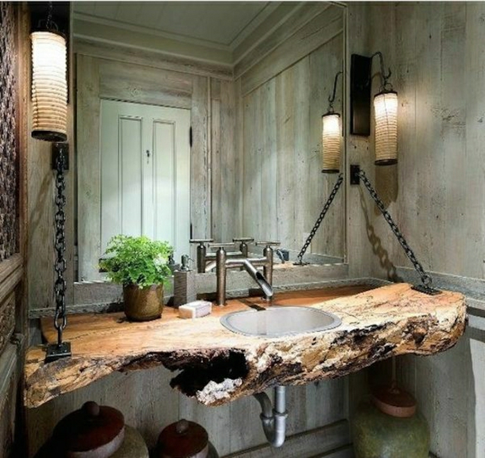 Badezimmer-rustikales-Design-Tischplatte-Treibholz-Ketten-Leuchten