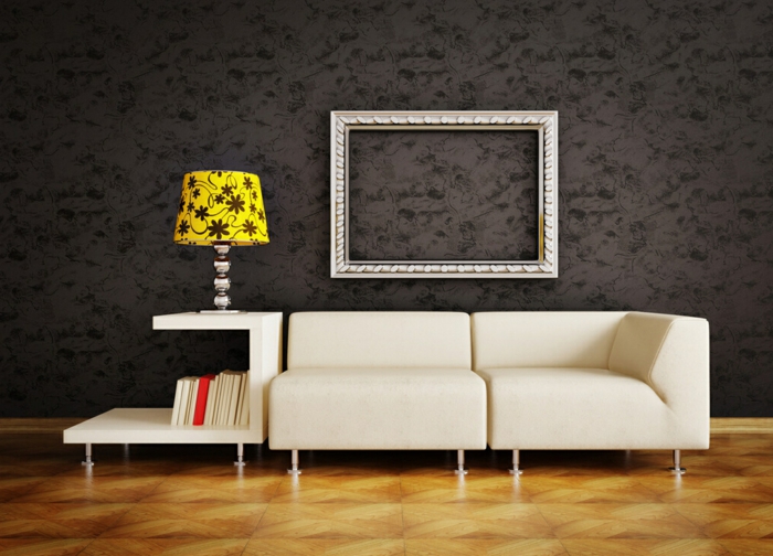 artistisches-Interieur-schwarze-stilvolle-Tapeten-Leselampe-kreatives-Design