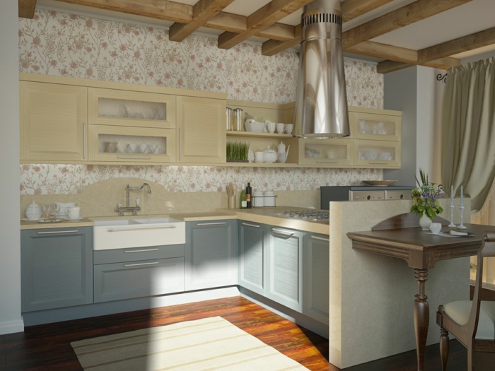 räumliche-Küche-Landhausstil-romantische-retro-tapeten