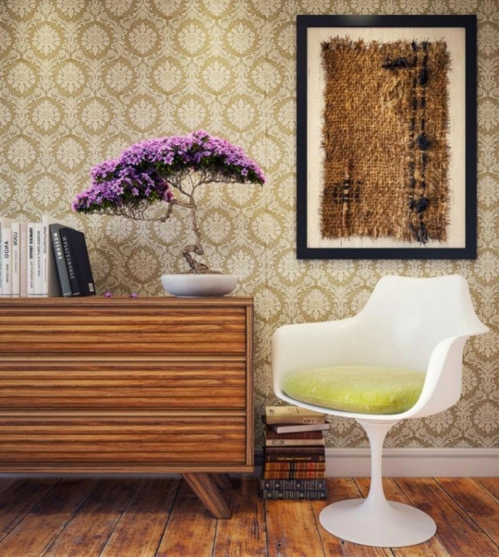 schönes-Interieur-vintage-und-moderne-Möbel-interessante-Wanddekoration-retro-tapete