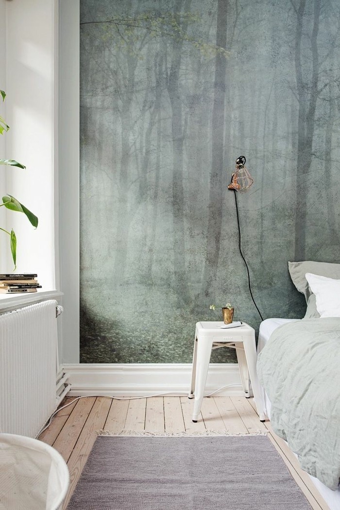 minimalistisches-Schlafzimmer-Interieur-ausgefallene-wanddeko-naturales-tapeten-design
