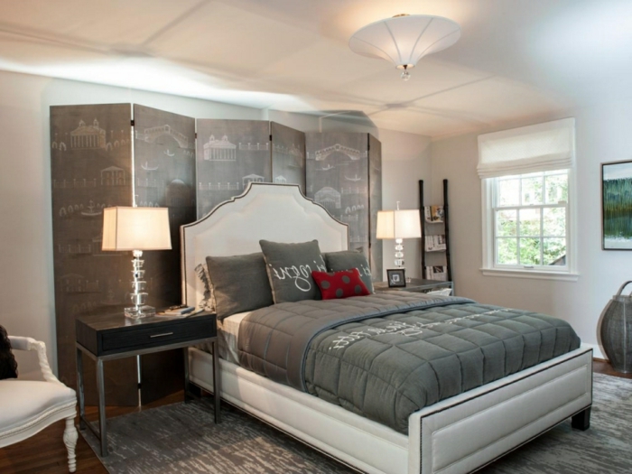 unikales schönes schlafzimmer - wandfarbe grau und tolle deko