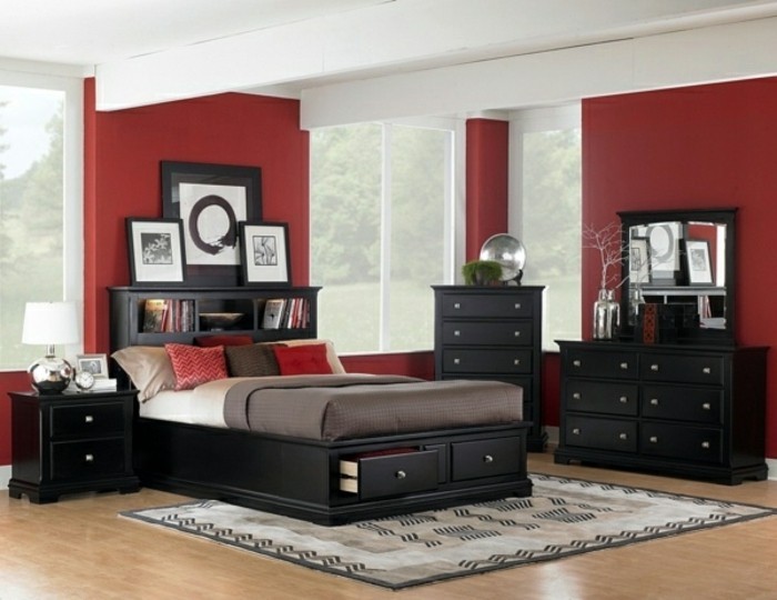 wandgestaltung-mit-farbe-attraktives-modernes-schlafzimmer-rot-und-schwarz-zusammenbringen