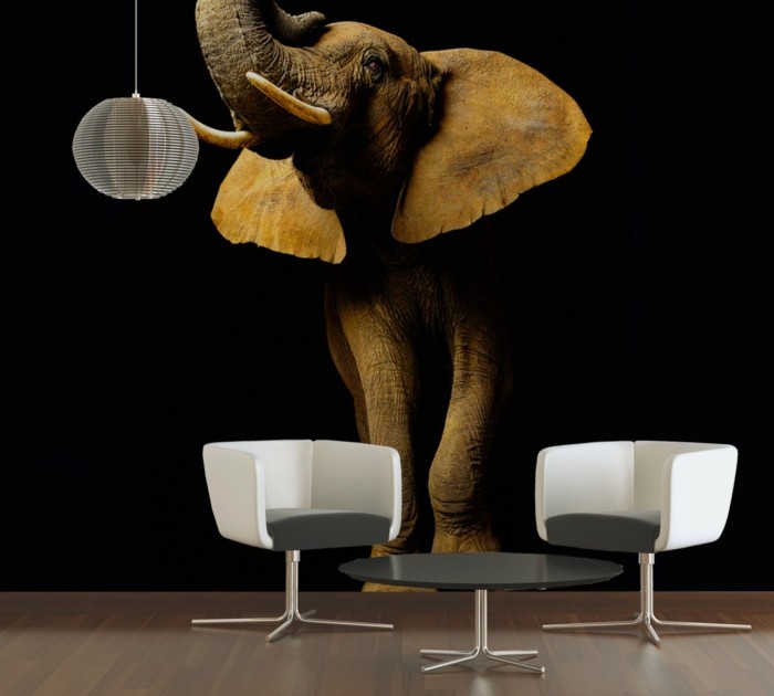 super-tolle-fototapeten-elefant-figur-zwei-weiße-stühle