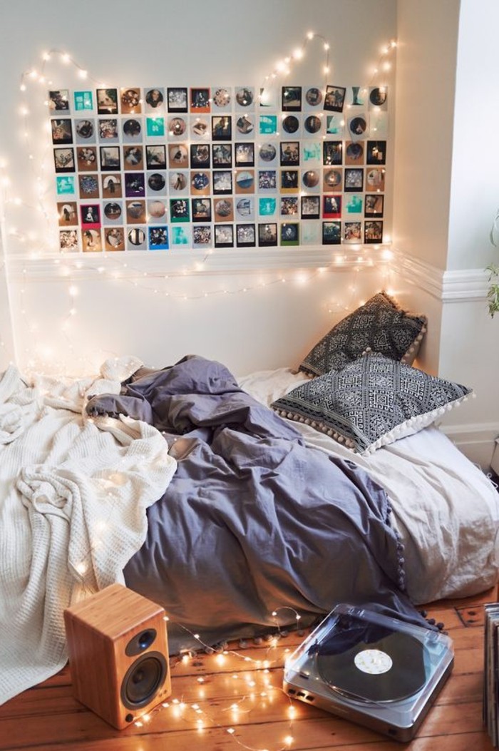 deko-ideen-schlafzimmer-wand-mit-fotos-und-beleuchtung