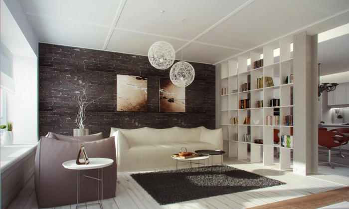 regal-raumteiler-einrichtungsideen-kleine-wohnung-trennwand-regal-esszimmer-wohnzimmer-weiße-couch-plüschteppich-holzboden-runder-kaffeetisch-runde-kronleuchter