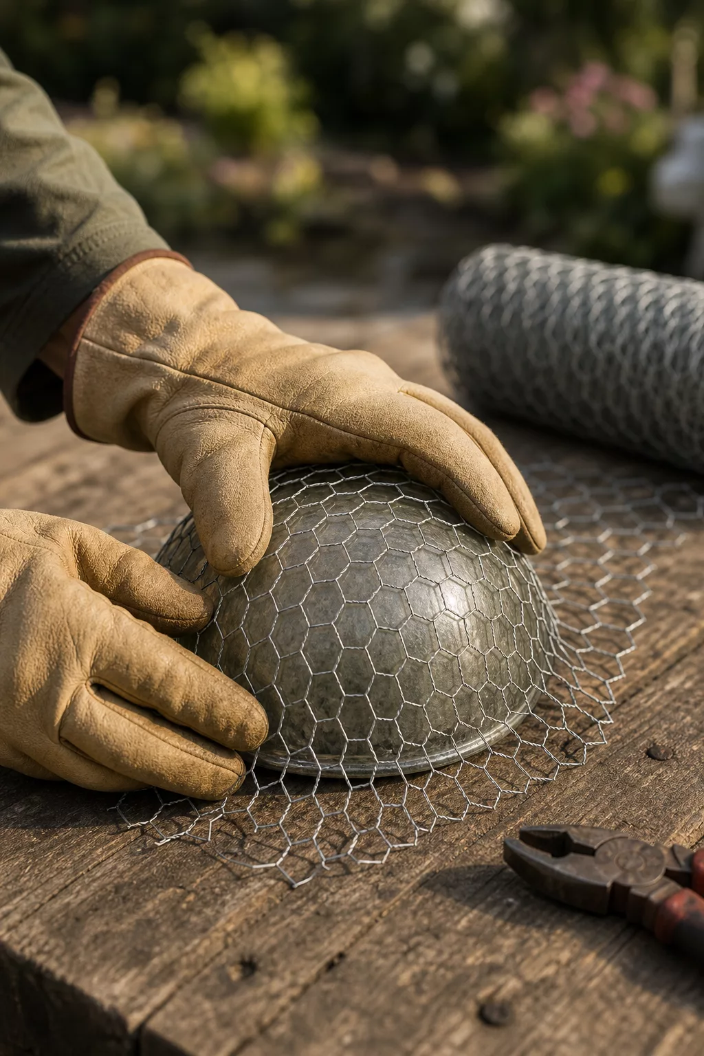 Make your own hat out of rabbit wire: hands form the crown over a bowl