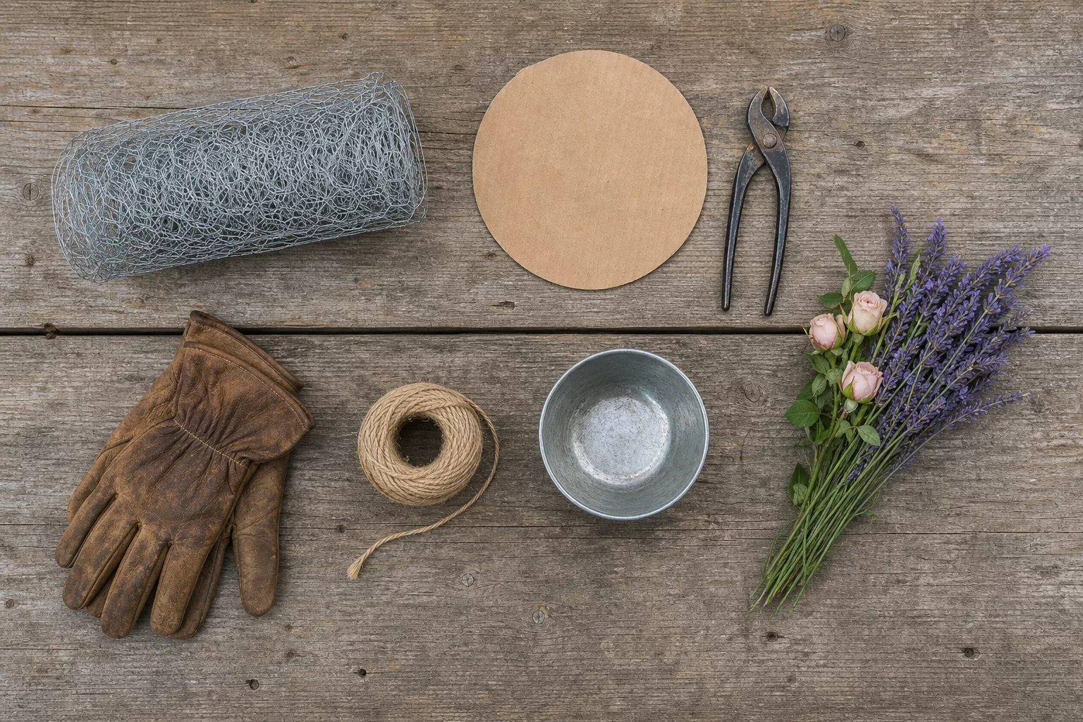 Materials and tools for the bunny wire hat: wire, scissors, jute rope