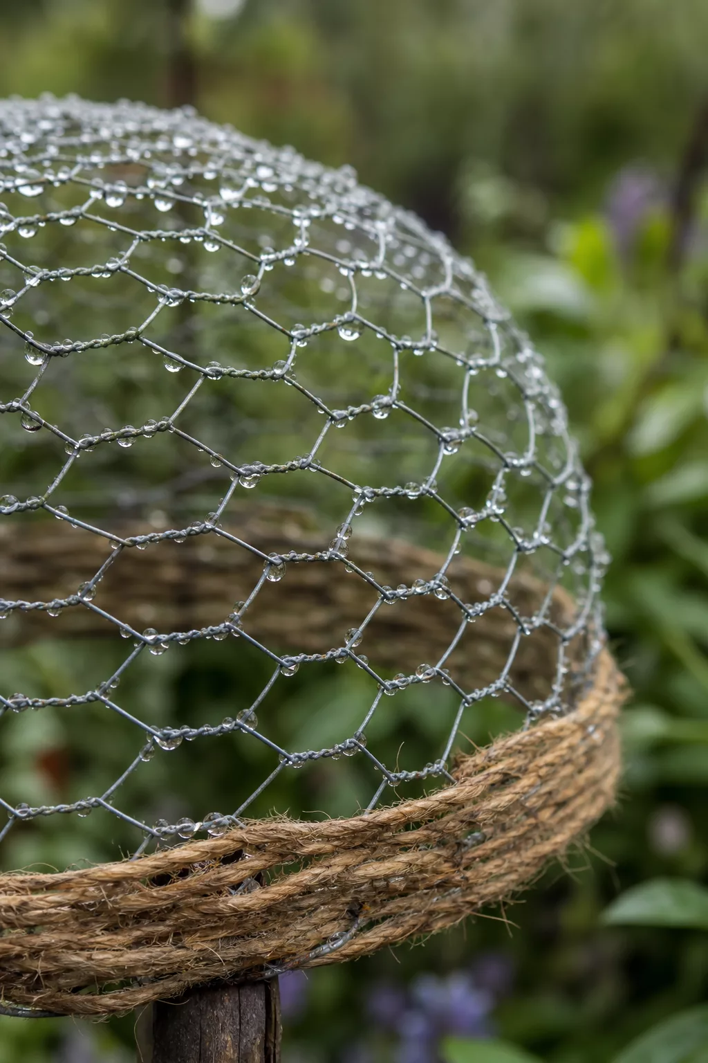 Close-up of galvanized bunny wire with raindrops in the garden