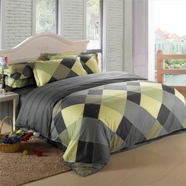 grüne und graue farbe fürs schlafzimmer mit bettwäschen ratutenförmig