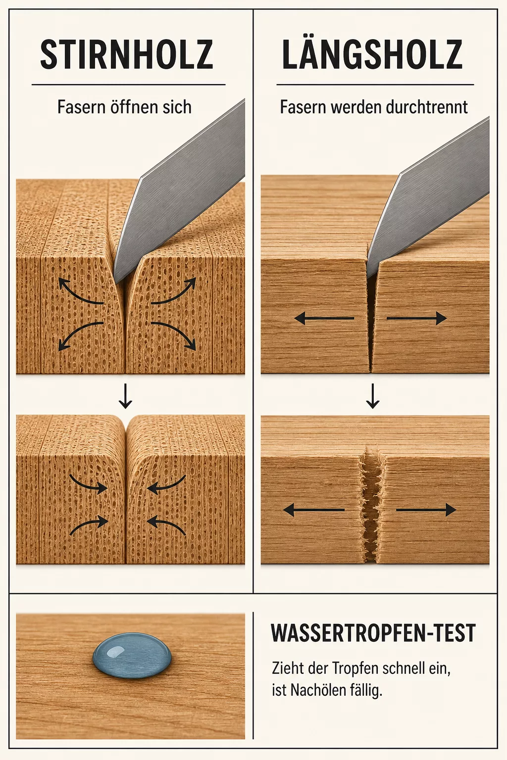 Infografik zur Faserrichtung von Stirnholz und Längsholz beim Schneiden