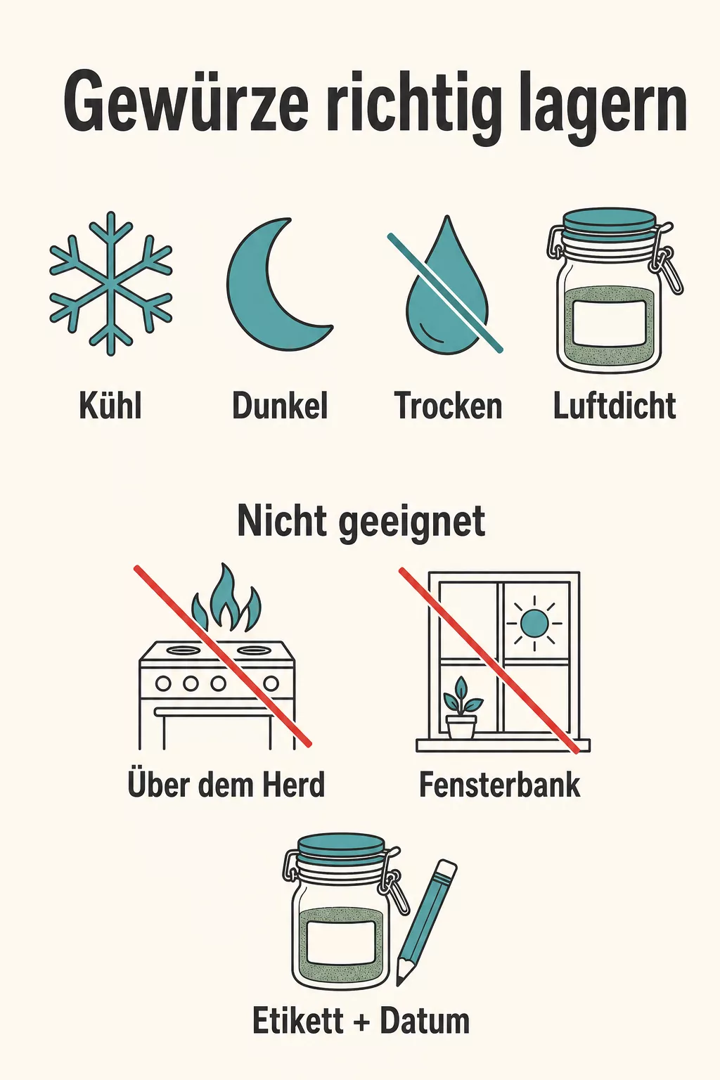 Infografik: Gewürze richtig lagern - kühl, dunkel, trocken, luftdicht, nicht über dem Herd