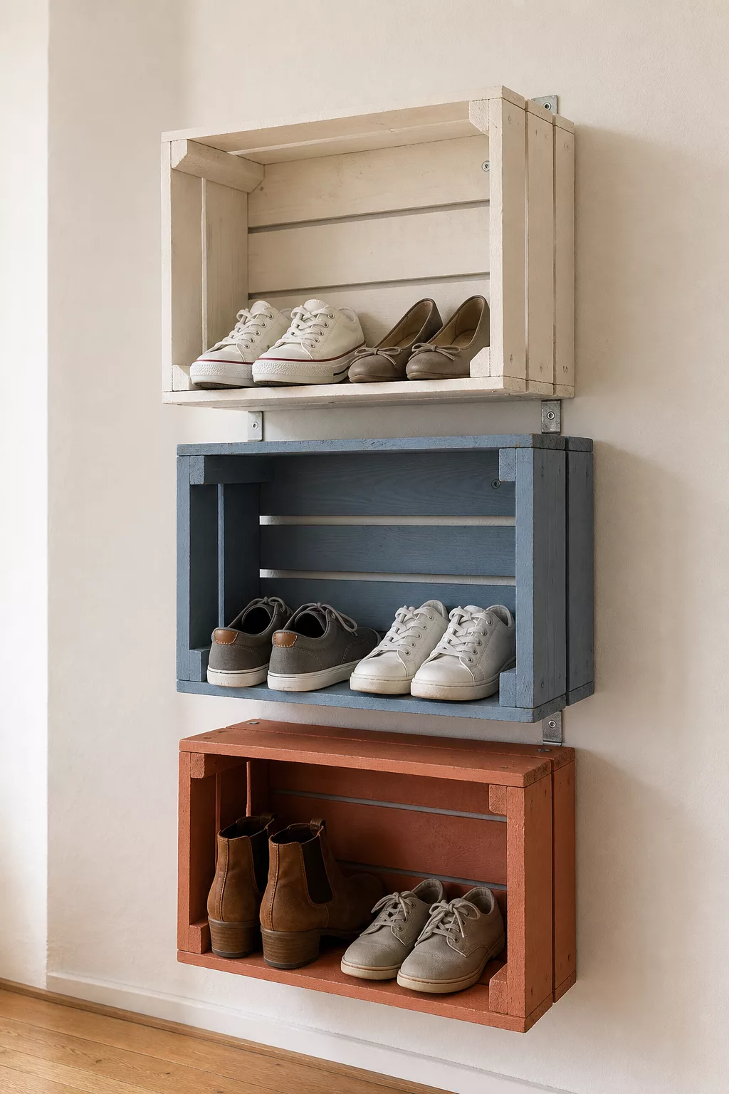 Kisten-Wandregal für Schuhe an heller Flurwand montiert