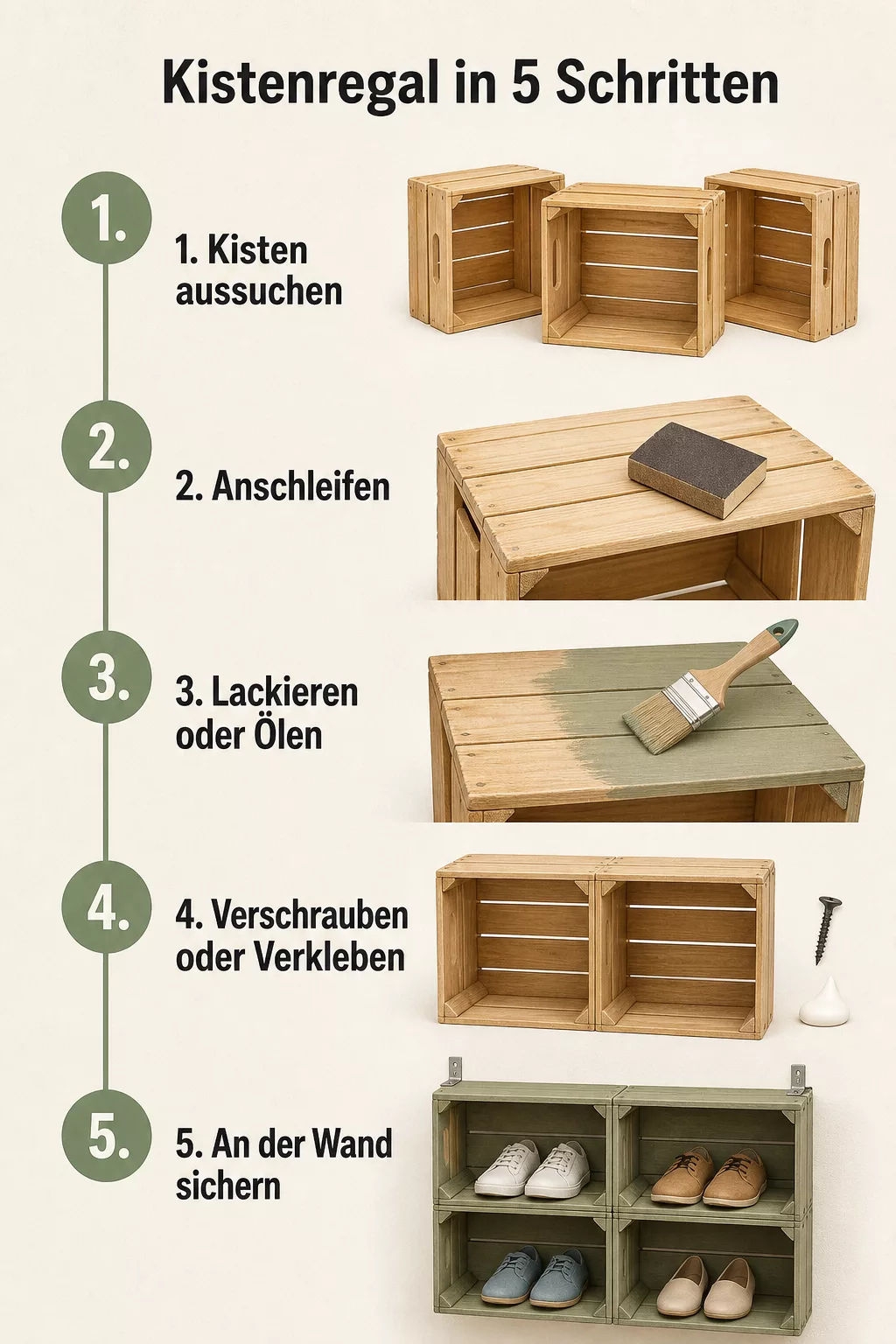 Infografik: Kistenregal für Schuhe in 5 Schritten selber bauen