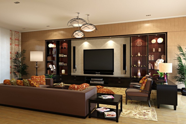 wohnzimmer design mit elegantem braunen ledersofa