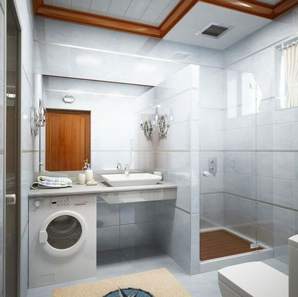 badezimmer gestaltung mit weißen badefliesen und tür aus holz