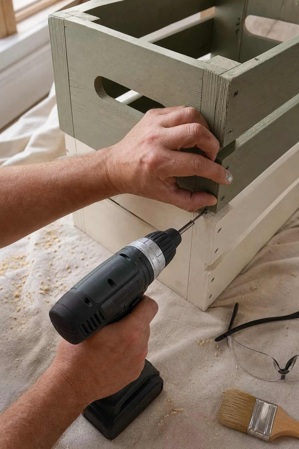Hände verschrauben eine lackierte Holzkiste für das Schuhregal