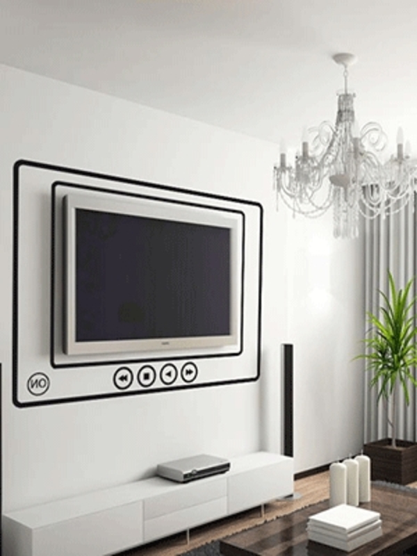 dekorative schwarze linien um einen fernseher - modernes wohnzimmer mit deko-wänden