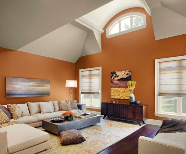 wandfarben palette fürs wohnzimmer - weiß und dunkel orange
