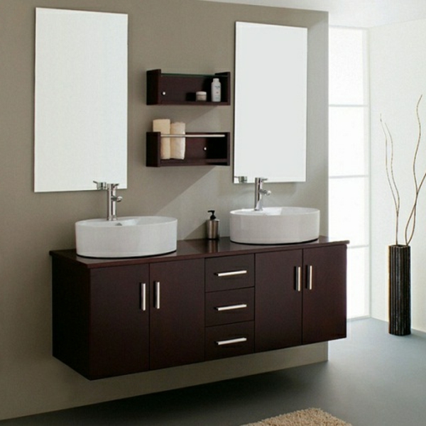 dunkler-schrank-mit-zwei-waschebecken-und-zwei-spiegel-im-badezimmer- modern einrichten