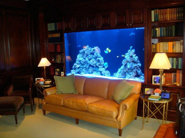 elegantes.wohnzimmer-mit-einem-großen-aquarium-mit-schrank- beleuchtung in blau