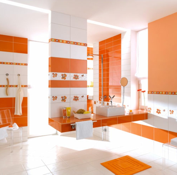 fliesenfarbe-orange-und- weiß- moderne badezimmer gestaltung