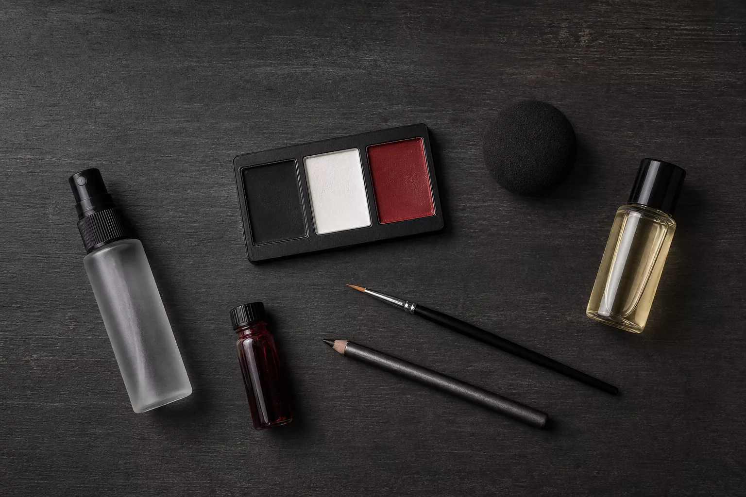 Ordentlich drapierte Schmink-Utensilien für einen Halloween-Look von oben