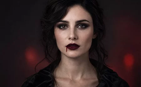 Frau mit dramatischem Halloween Schminken Look, blasse Haut, dunkle Augen
