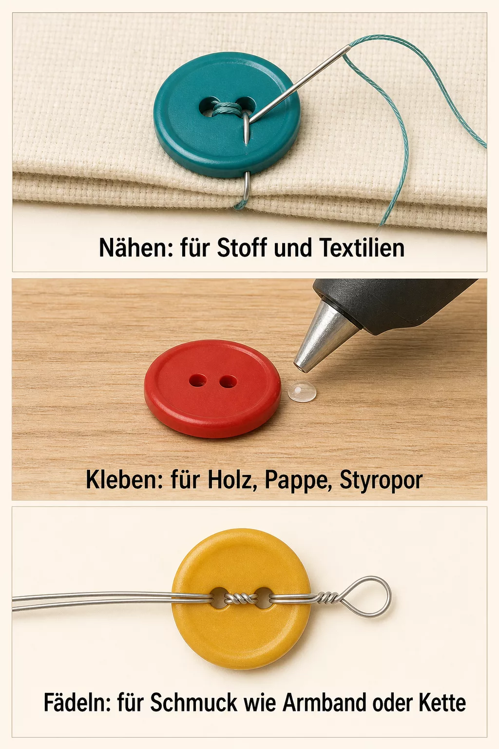 Infografik: Knöpfe nähen, kleben oder fädeln im Vergleich
