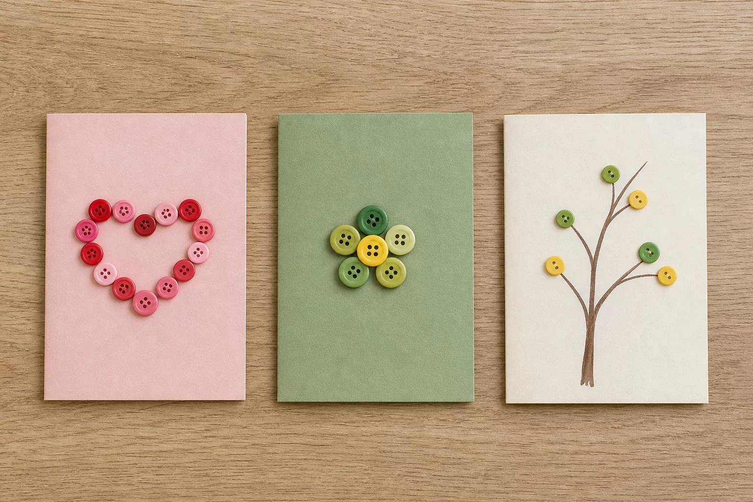 Selbstgebastelte Grußkarten mit Herzen und Blüten aus Knöpfen