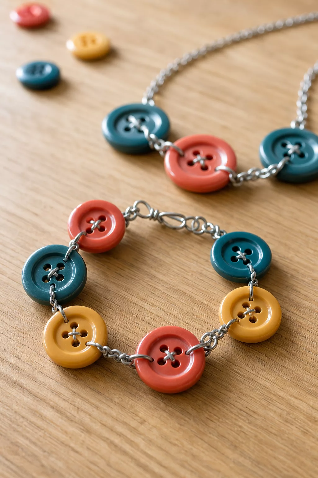 Armband und Kette aus bunten Knöpfen mit Blumendraht