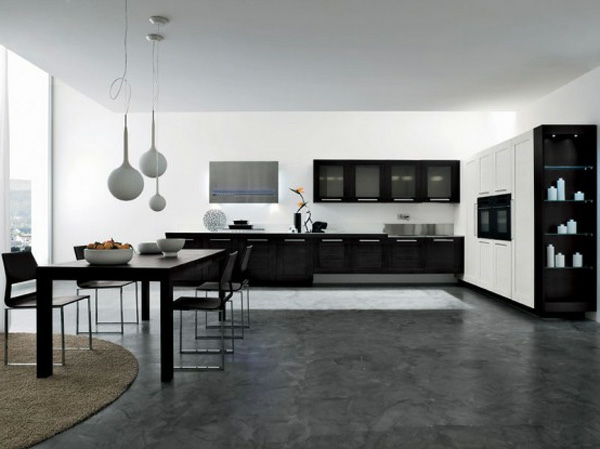 küchen-interieur- esszimmer -kombiniert großer raum weiß und schwarz